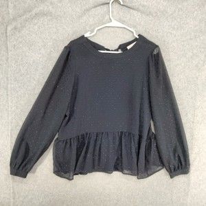 Ann Taylor Loft Peplum Blouse Womens Size M Navy Blue Long Sleeve Back Tie Sheer